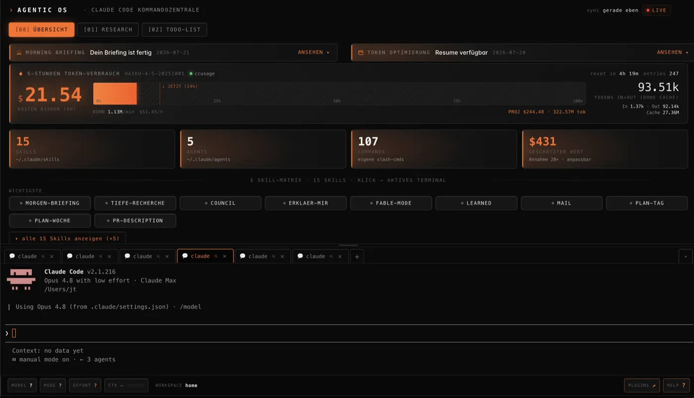 The plugin's command center inside Obsidian — live token spend, skill/agent/command counts, and streaming Claude Code sessions.