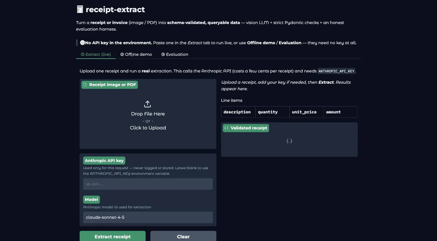 The Gradio web UI — live extract, offline demo, and evaluation tabs over the same pipeline.