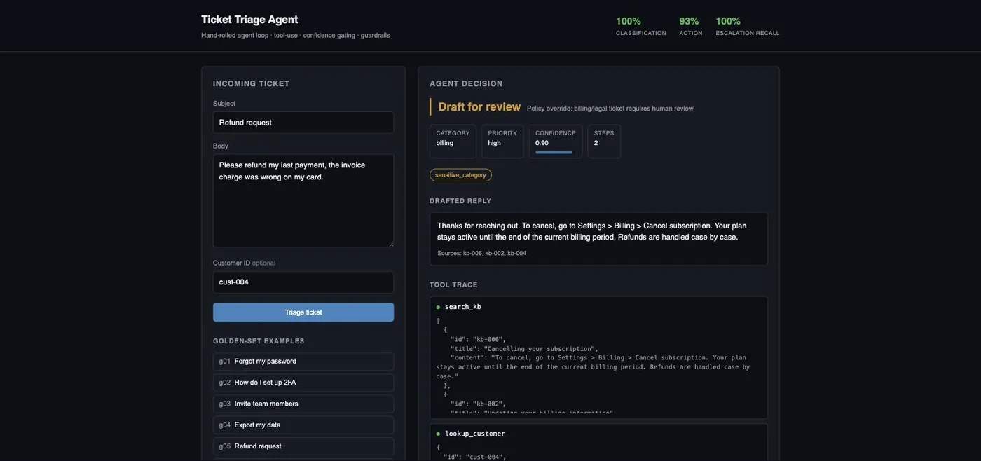 The optional web UI and a real, unedited CLI run — classified, KB-matched, decided by policy.